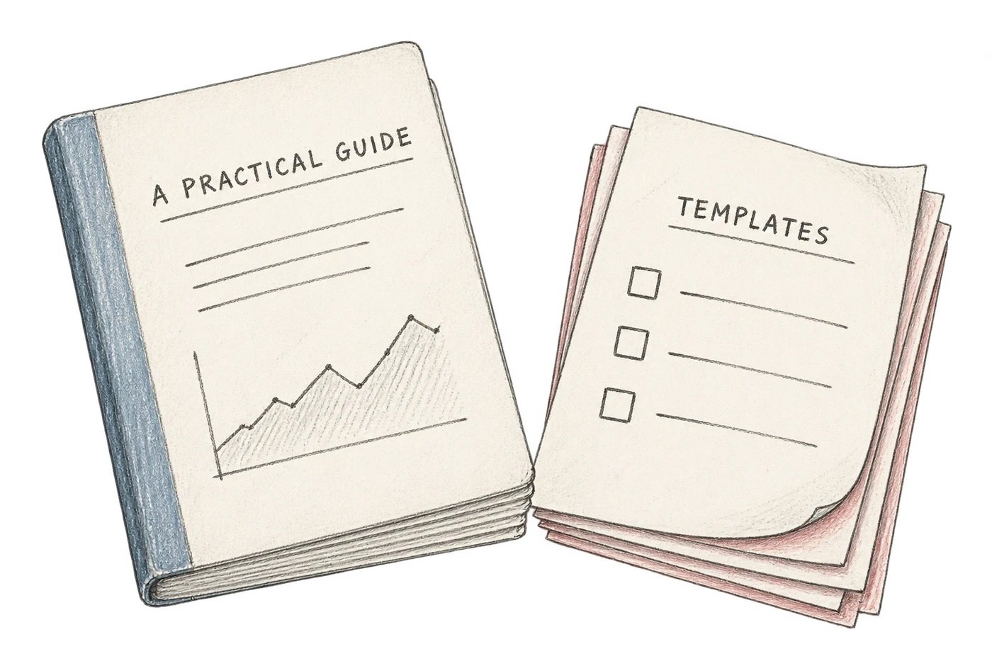 Pencil drawings of a practical guide and a stack of templates.